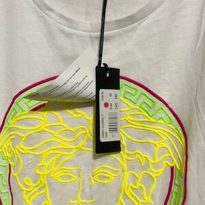 Versace White Tee with Neon Yellow and Pink Medusa